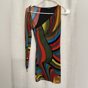 Asymmetrical, lace arm sleeve with finger ring, abstract pattern